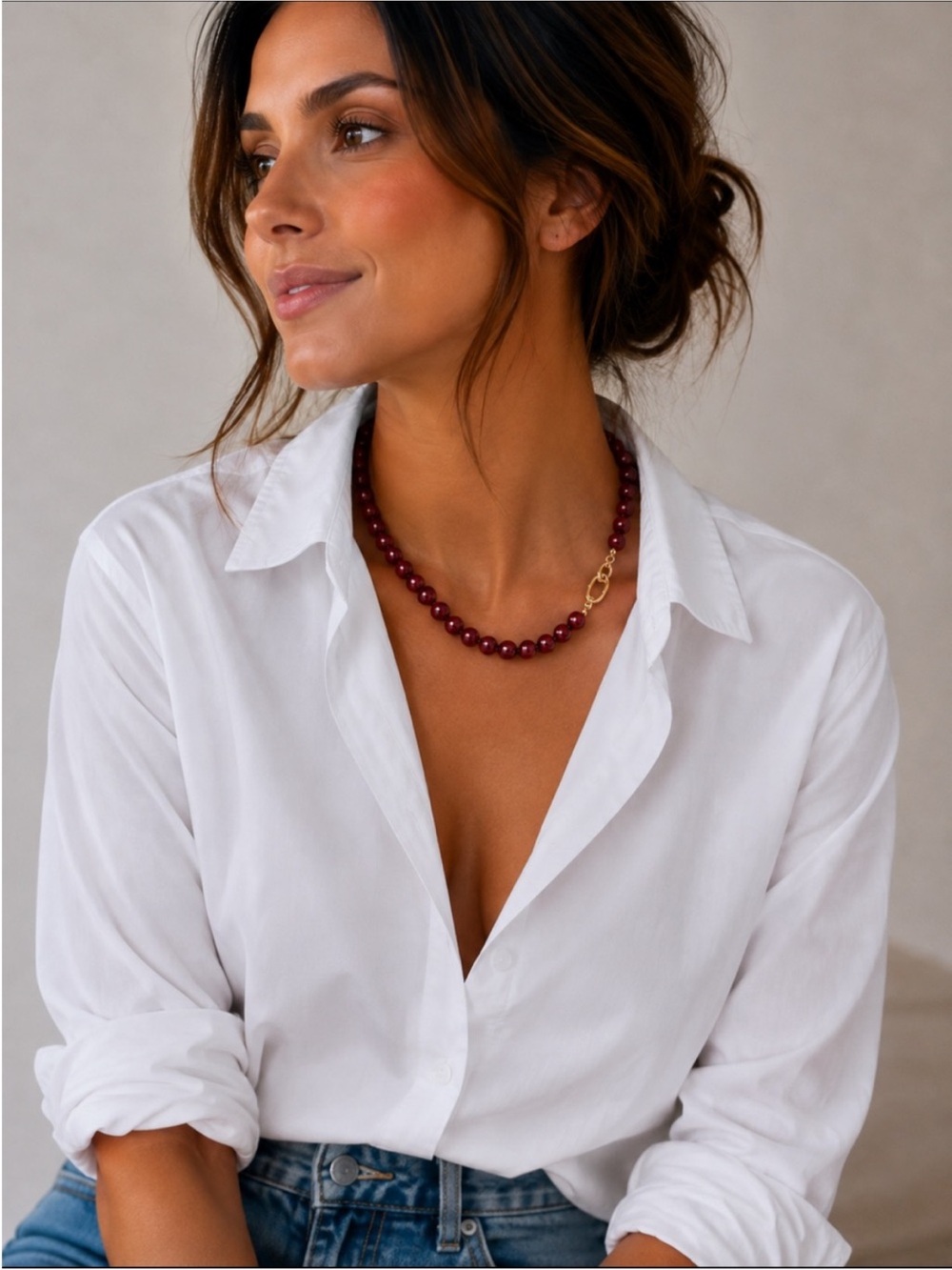 New! Red Wine Cranberry Beaded Gold Link Necklace NWOT